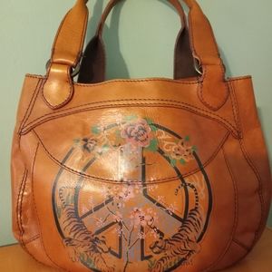 Lucky Brand Leather Peace Sign Asian Floral Boho Purse.